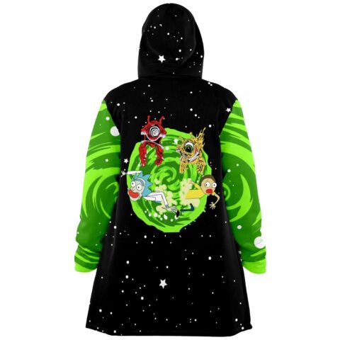Cartoon-style portal graphic with sci-fi characters and alien creatures on cloak back