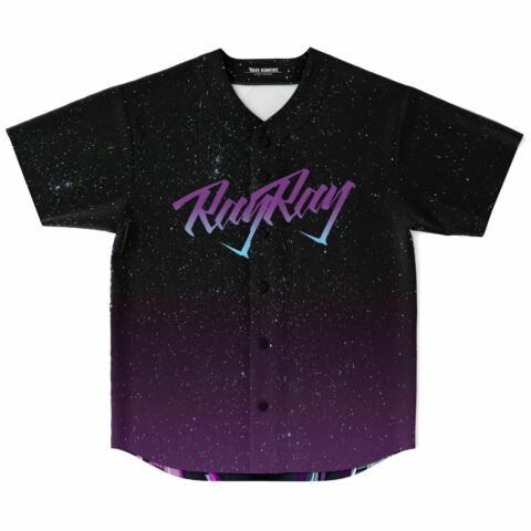 Black cosmic starfield rave baseball jersey front view with purple RayRay script logo