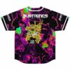 Back view of psychedelic marbled rave jersey with melting skull graphic and Subtronics text