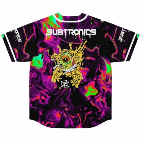 Back view of psychedelic marbled rave jersey with melting skull graphic and Subtronics text