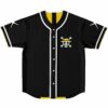 black baseball jersey with skull and crossbones straw hat emblem front view
