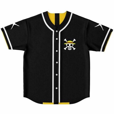 black baseball jersey with skull and crossbones straw hat emblem front view