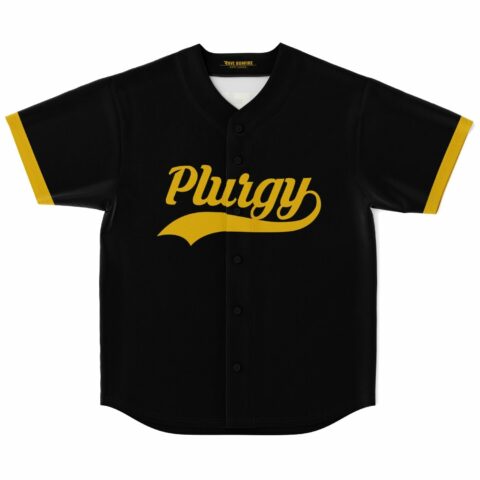 Black baseball jersey with gold Plurgy script text and yellow trim cuffs, front view