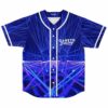 Blue laser light show print baseball jersey with white piping, Gareth Emery script, front view