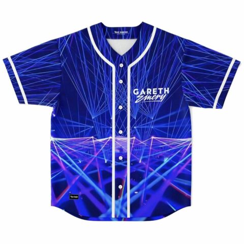 Blue laser light show print baseball jersey with white piping, Gareth Emery script, front view
