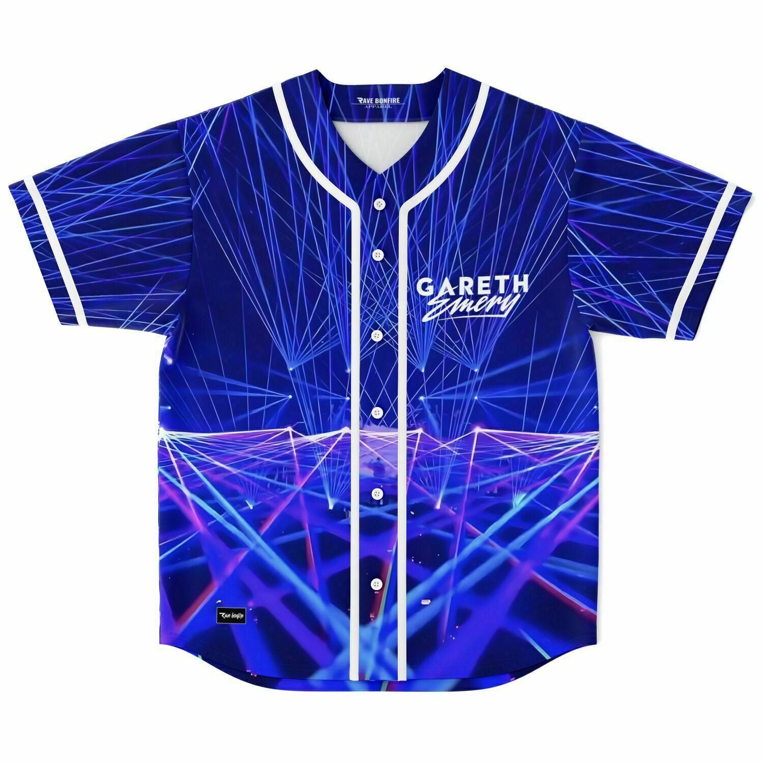 A Mike Go custom Baseball Jersey with a blue and white design.