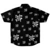 Back view of the black rave button-down shirt with repeating white symbol design