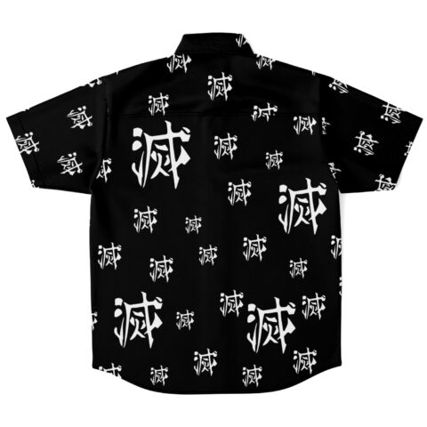 Back view of black shirt with repeating white symbol design