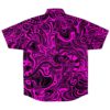 Back view of the rave button-down shirt with intricate pink and black designs