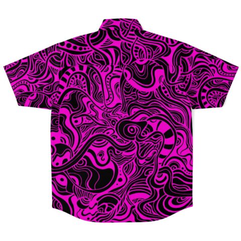 Button-up shirt back view showcasing intricate pink and black designs