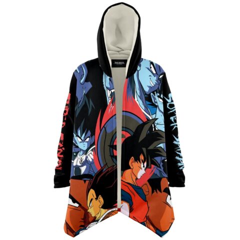 anime-inspired warrior cloak with sherpa hood open front view on hanger
