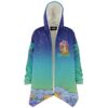 Sherpa-lined rave cloak with cartoon-inspired galaxy print and starry gradient front view