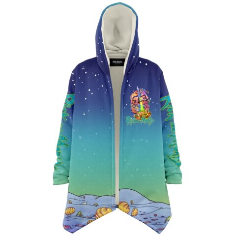 Sherpa-lined rave cloak with cartoon-inspired galaxy print and starry gradient front view