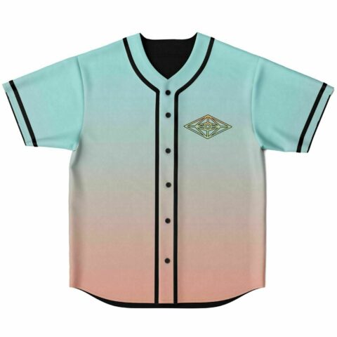 Mint to peach ombre baseball jersey front view with small diamond eye emblem on chest