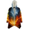 Fiery rising phoenix rave cloak front view with storm and flame split design