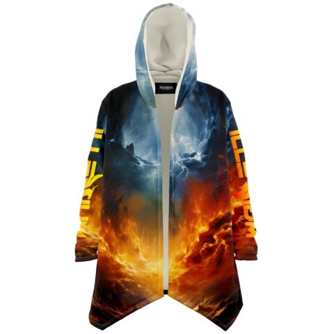 Fiery rising phoenix rave cloak front view with storm and flame split design