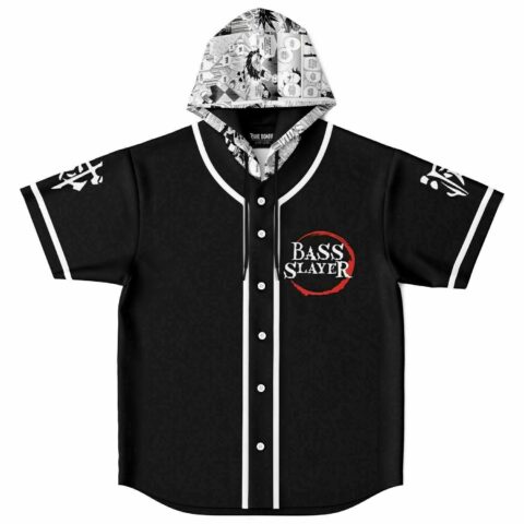 Black hooded baseball jersey with manga-print hood and Bass Slayer chest logo front view