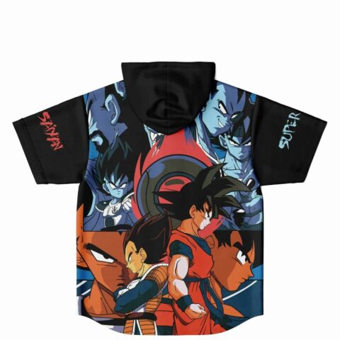 Anime warrior collage hooded baseball jersey back view showing full character artwork