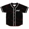 Black rave baseball jersey with red marbled swirl print and RIOT text, front view