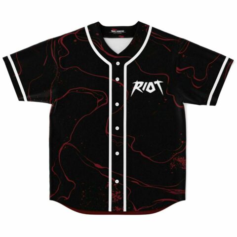 Black rave baseball jersey with red marbled swirl print and RIOT text, front view