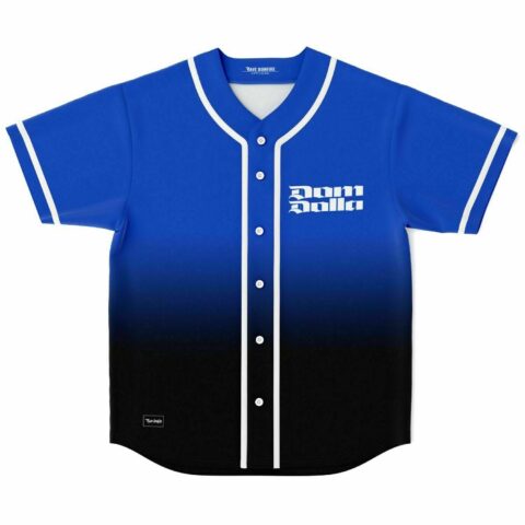 Royal blue to black gradient rave baseball jersey with white piping, front view