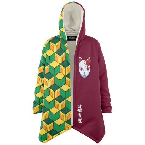 Split green rave cloak with cube pattern sleeve and fox mask front design