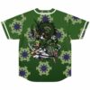 Green sunburst pattern jersey with anime-inspired dragon and green-haired swordsman graphic on back