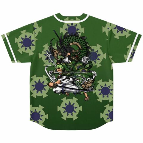 Green sunburst pattern jersey with anime-inspired dragon and green-haired swordsman graphic on back