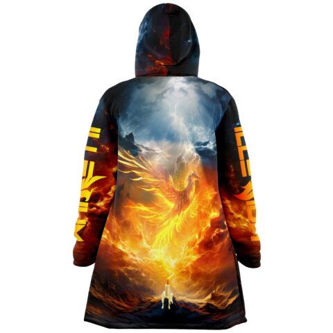 Rising phoenix design on back of festival cloak with candle and lightning sky