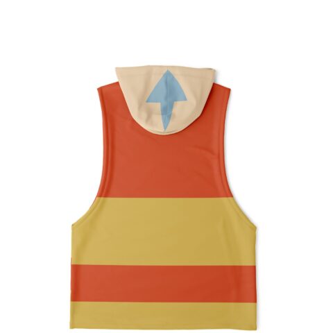 Back view of sleeveless hoodie with orange stripes and blue accent