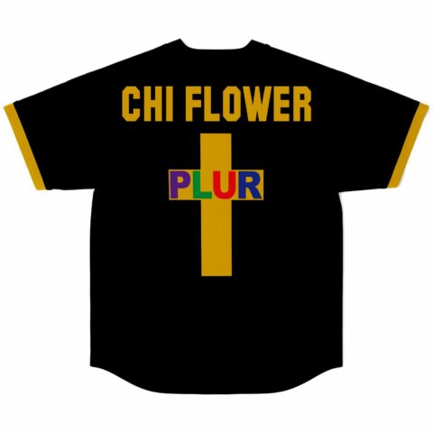 Black jersey back with CHI FLOWER text and gold cross featuring colorful PLUR lettering