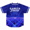 Blue laser light show print baseball jersey showing Gareth Emery script across the back
