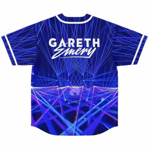 Blue laser light show print baseball jersey showing Gareth Emery script across the back