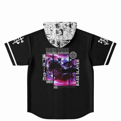 Anime-inspired hooded jersey back print with pink and blue warrior graphic and Bass Slayer text