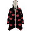 Front view of red cloud print rave cloak with cream sherpa lined hood open