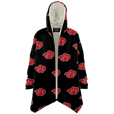 Front view of red cloud print rave cloak with cream sherpa lined hood open