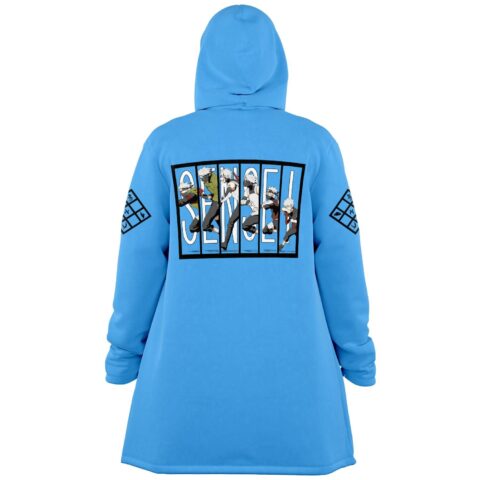 Sky blue festival cloak back view with silhouetted running ninja figures and bold SENSEI text