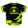 Neon green leaf print rave jersey back view with skull hands graphic and PEEKABOO text