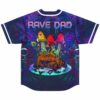 Rave dad baseball jersey back with mushroom-crowned toad and dripping text on purple fractal print