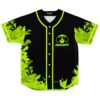 Black rave baseball jersey, neon green leaf print, skull hands PEEKABOO logo, front view