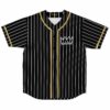 Black pinstripe baseball jersey with gold trim and crown logo on chest, front view