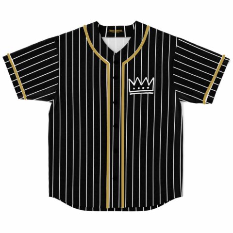 Black pinstripe baseball jersey with gold trim and crown logo on chest, front view