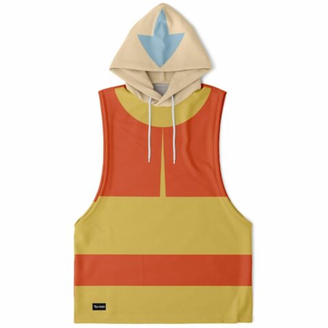 Sleeveless hoodie with vibrant orange and yellow stripes and hood