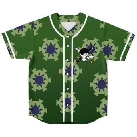 Green baseball jersey with sunburst emblem pattern and swordsman skull crest on chest, front view
