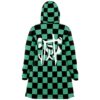 Back view of teal checkered festival cloak with large white kanji graphic