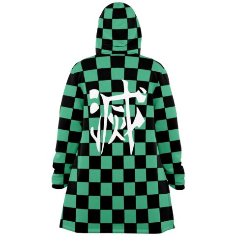 Back view of teal checkered festival cloak with large white kanji graphic