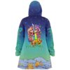 Animated sci-fi duo graphic on cosmic blue teal cloak back view with alien landscape hem