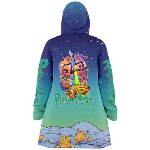 Animated sci-fi duo graphic on cosmic blue teal cloak back view with alien landscape hem