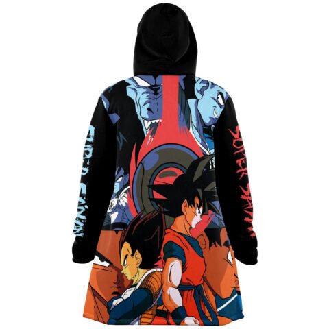 back view of anime-inspired battle scene print with Super Saiyan sleeve text
