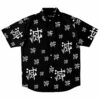 Black rave button-down shirt with a white symbol pattern throughout